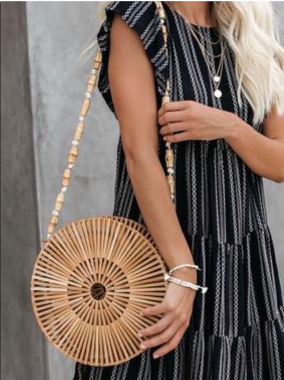 Round Bamboo Crossbody Bag Natural Woven Circle Purse Beaded Strap Resortwear